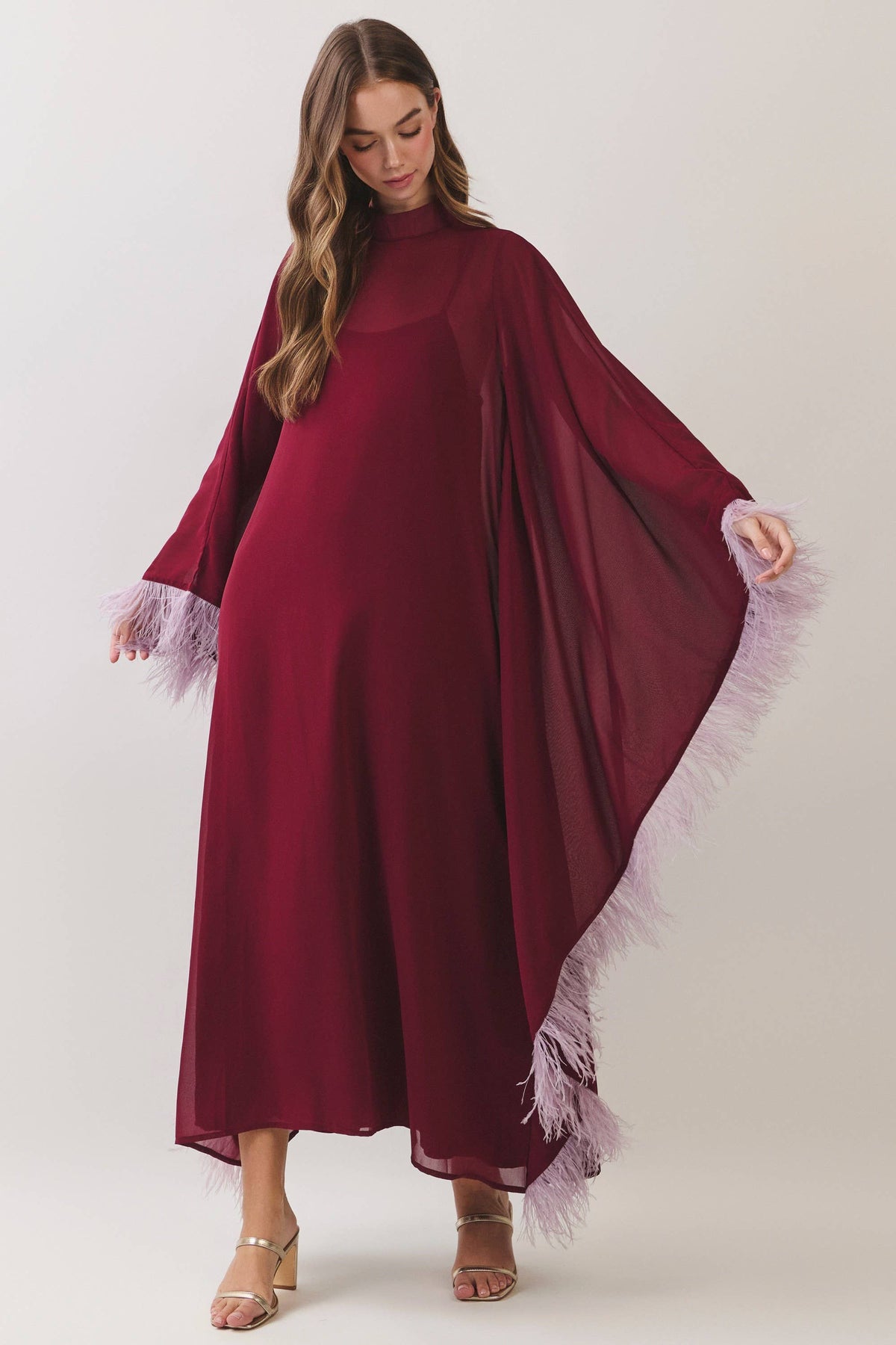 Burgundy Caftan with Feathers