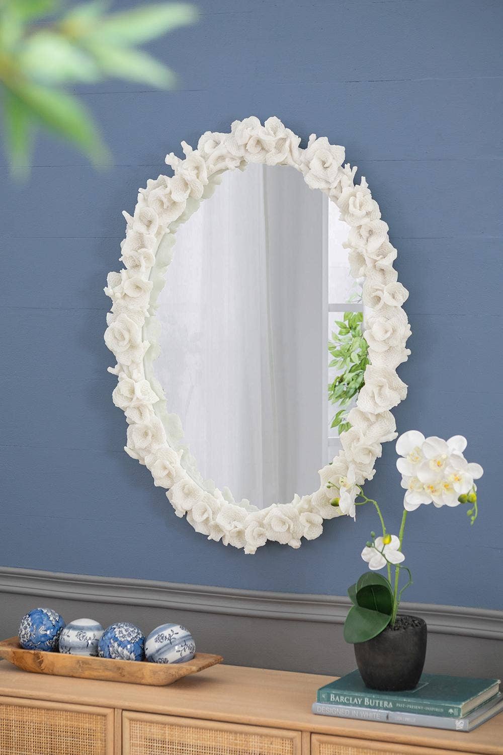 27.5x3x35.5" Faux Coral Frame Round Wall Mirror - White