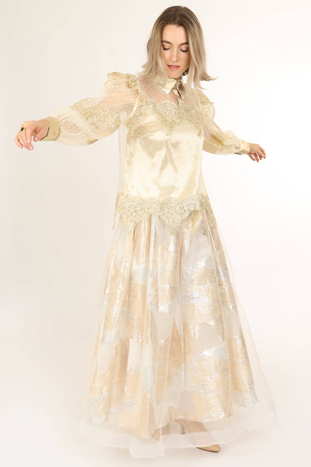 Gold Lace Trim  Chiffon Blouse