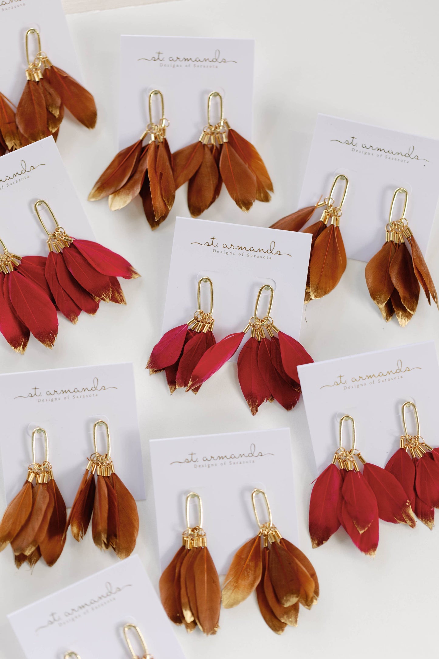 Garnet Gold Dipped Feather Earrings