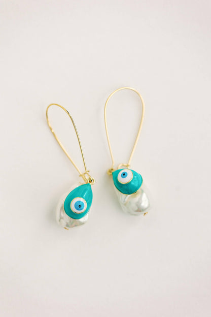 Pearl and Evil Eye Threader Earrings