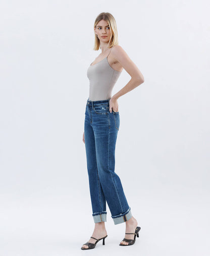 DARK WASH CUFFED STRAIGHT JEANS