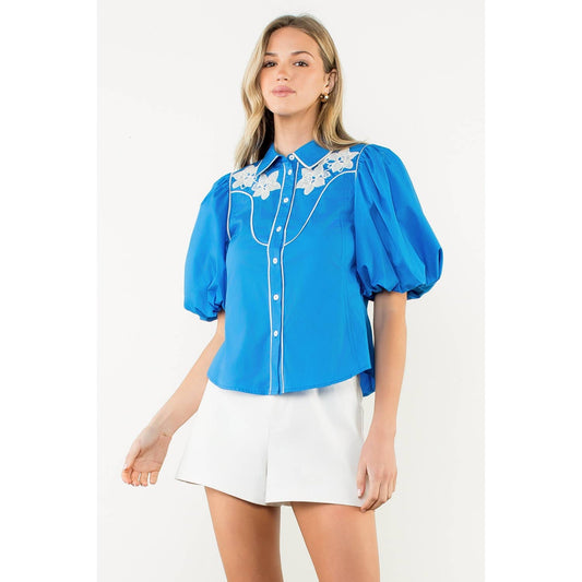 Embroidered Flower Blue Top