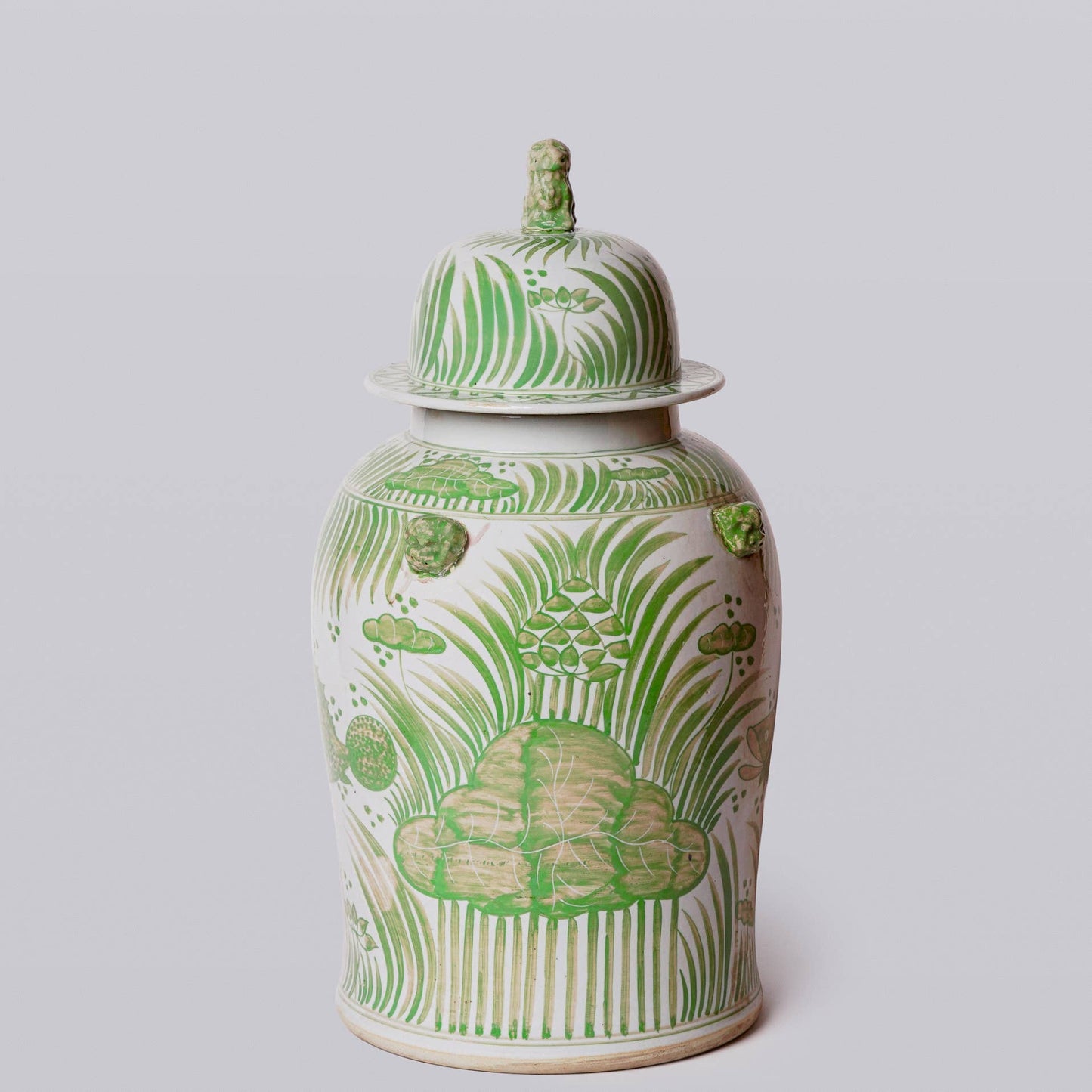 Green and White Fish and Lotus Porcelain Temple Jar