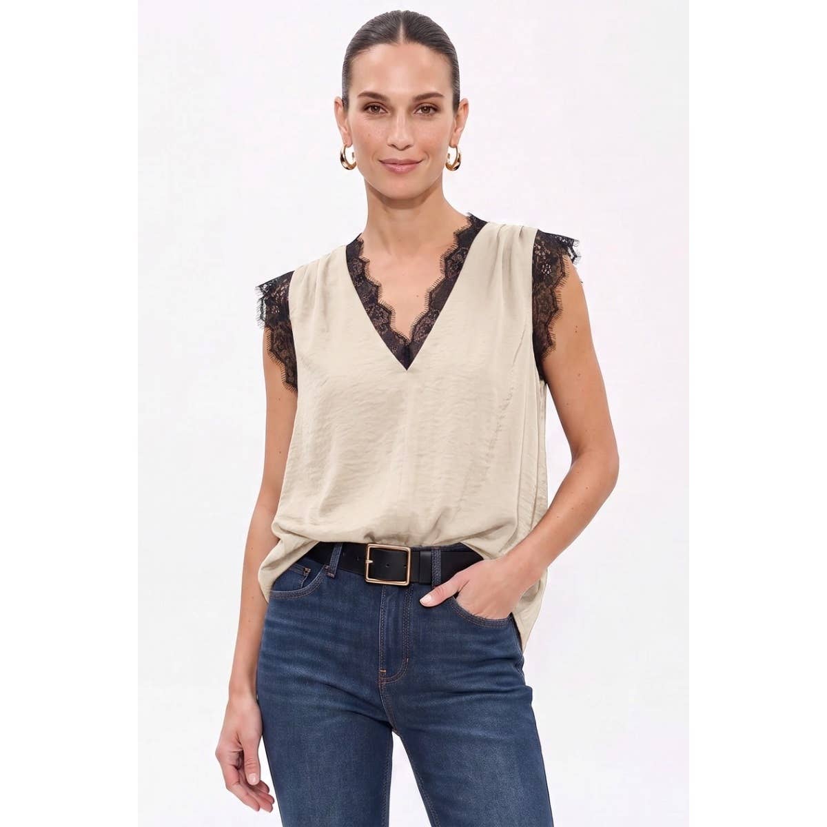 Champagne Tank - Black Lace Trim