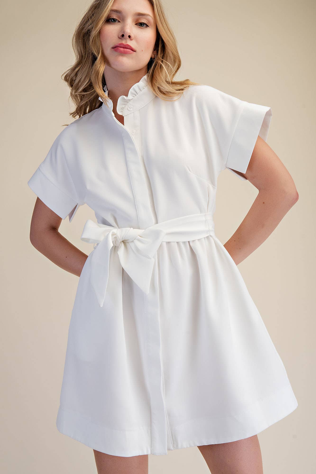 White Ruffle Neck Mini Dress
