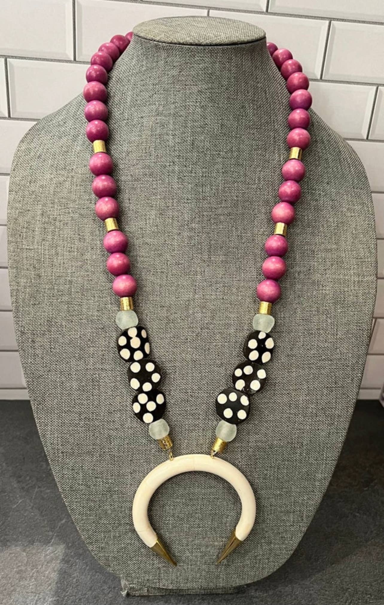 Hot Pink Wood & Bone Beaded Necklace