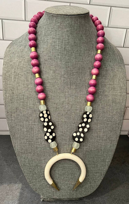 Hot Pink Wood & Bone Beaded Necklace