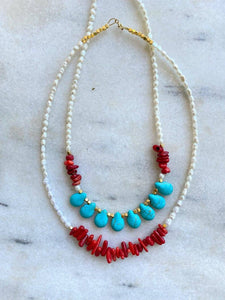 Turquoise, Red Coral & Pearl Necklace