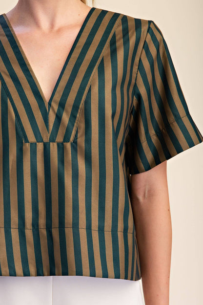 V-Neck Stripe Top - Green & Olive