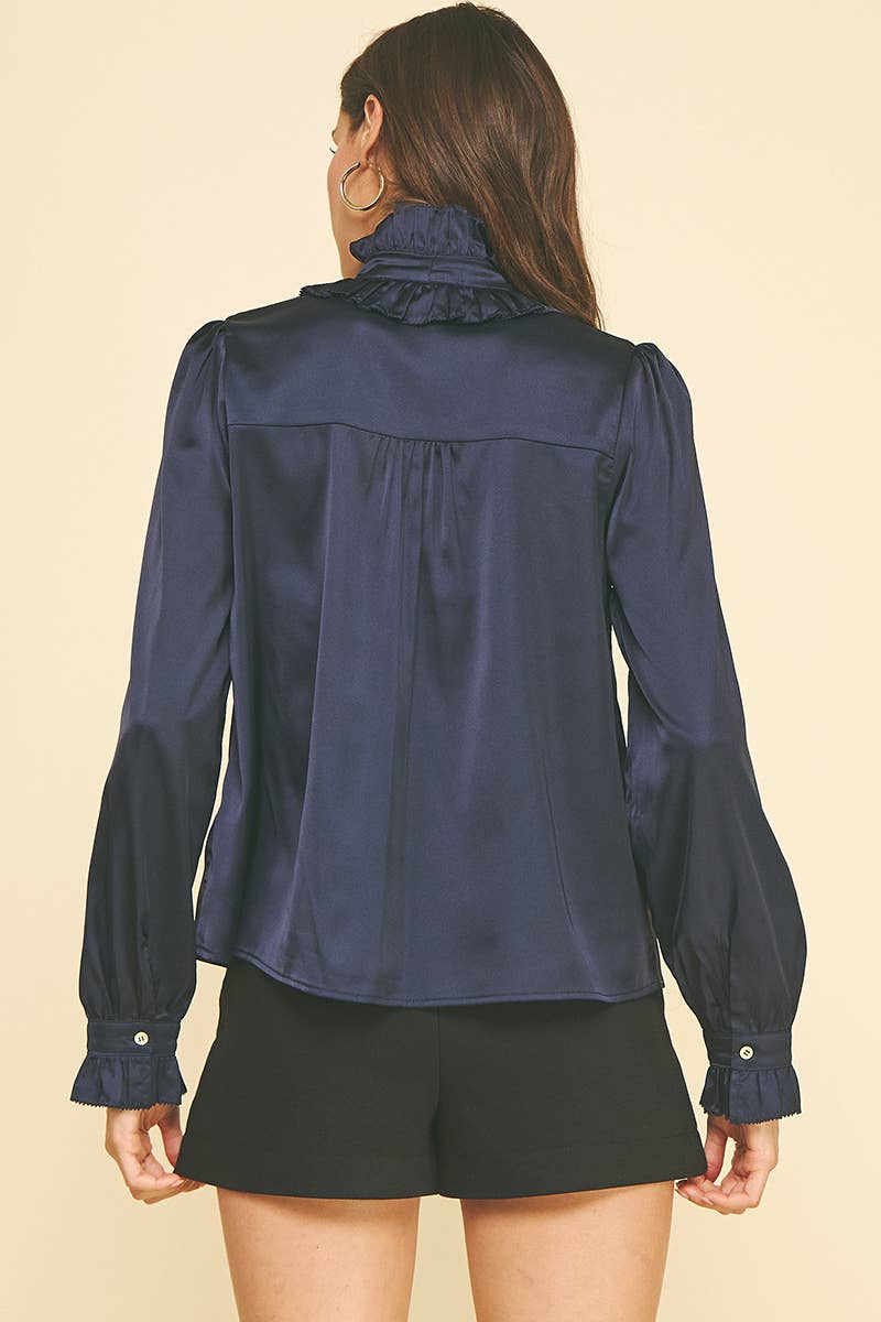NAVY SATIN BUTTON DOWN TOP