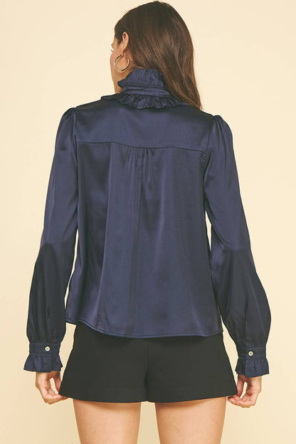NAVY SATIN BUTTON DOWN TOP