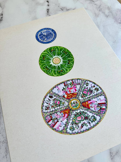 Chinoiserie Bok Choy Rose Medallion Blue Willow Wall Art