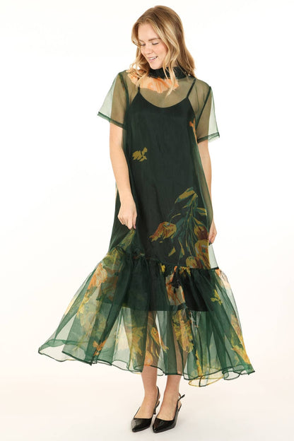 Green Floral Printed Sheer Maxi Dress