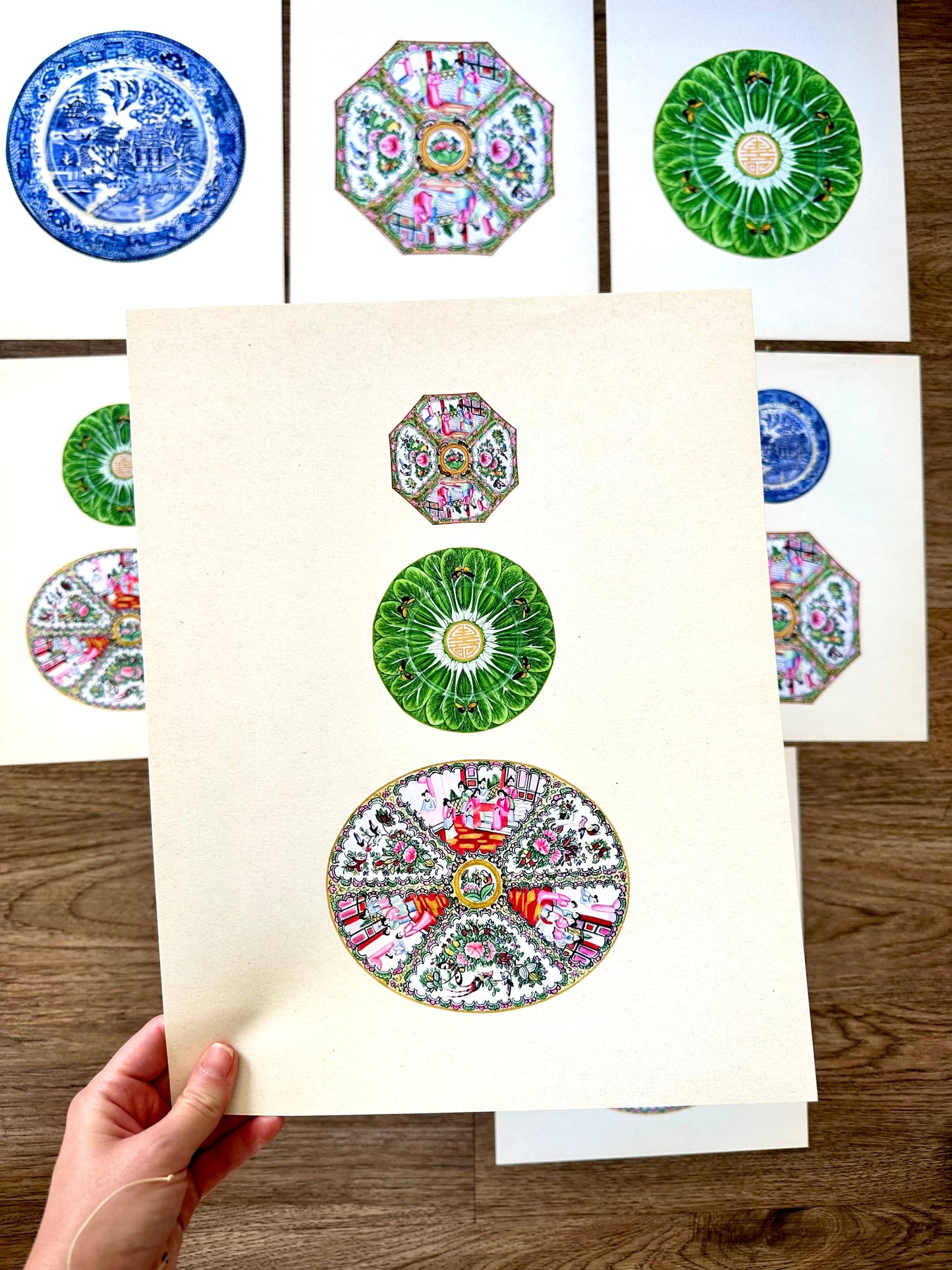 Chinoiserie Bok Choy Rose Medallion Plates Wall Art Prints