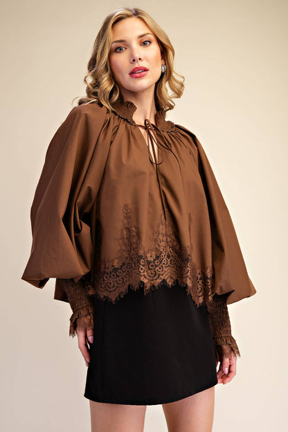 Plum Lace Puff-Sleeve Blouse