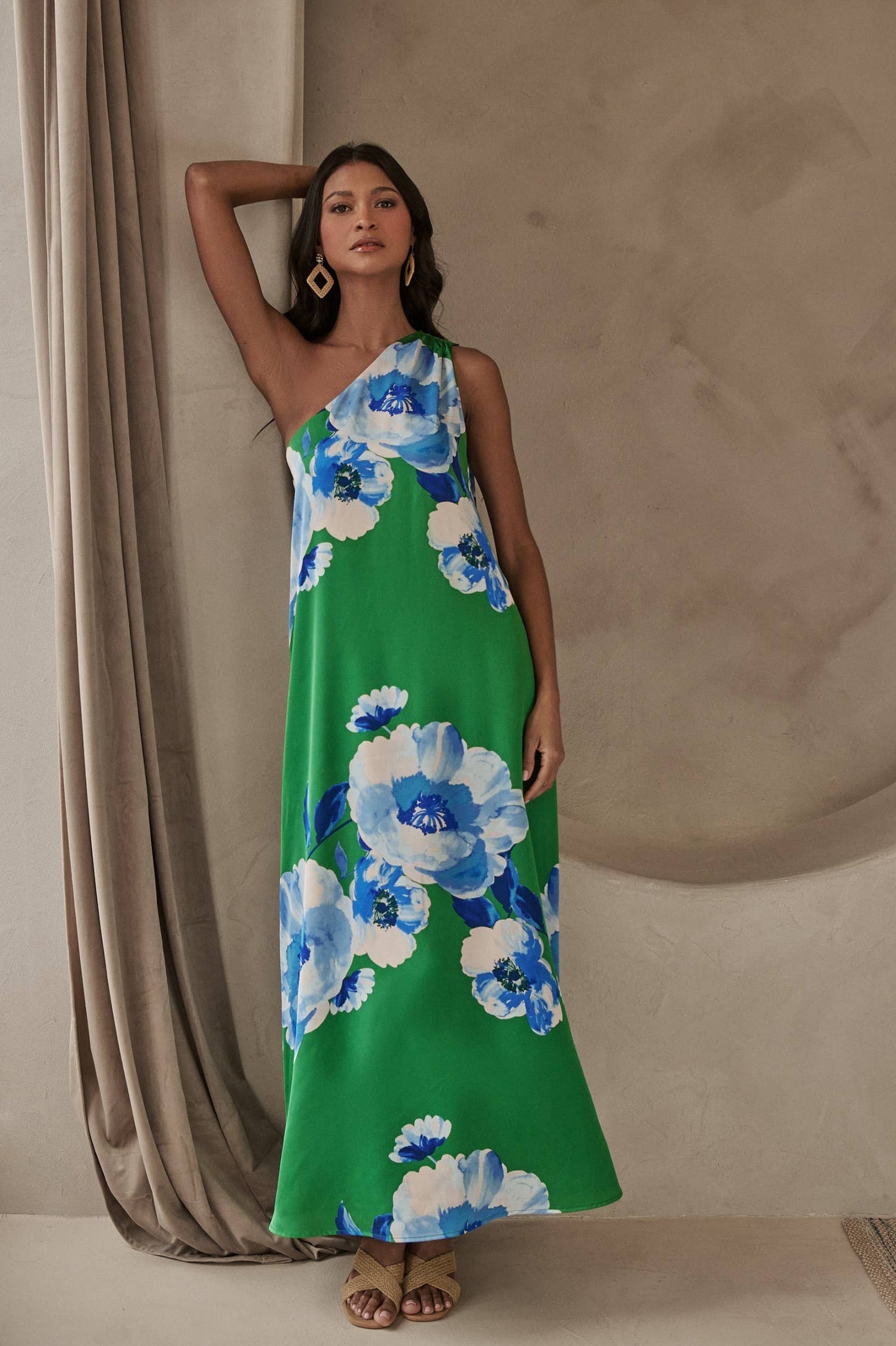 Green & Blue Floral Silk Maxi Dress