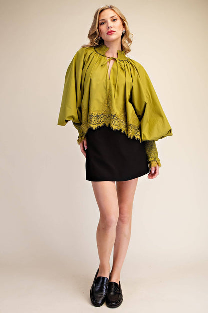 Plum Lace Puff-Sleeve Blouse
