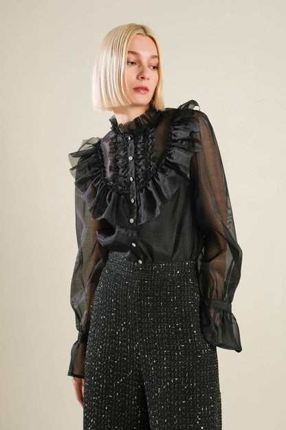 Black Ruffle Sheer Blouse