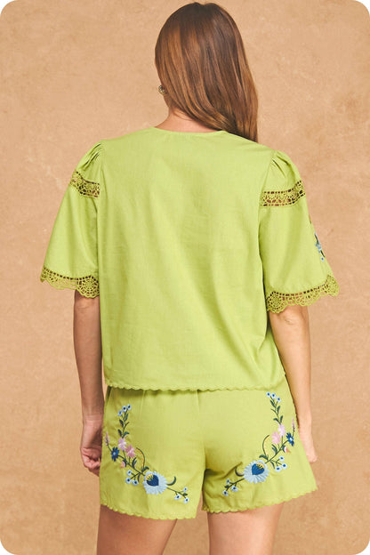 Chartreuse Embroidered Floral Set