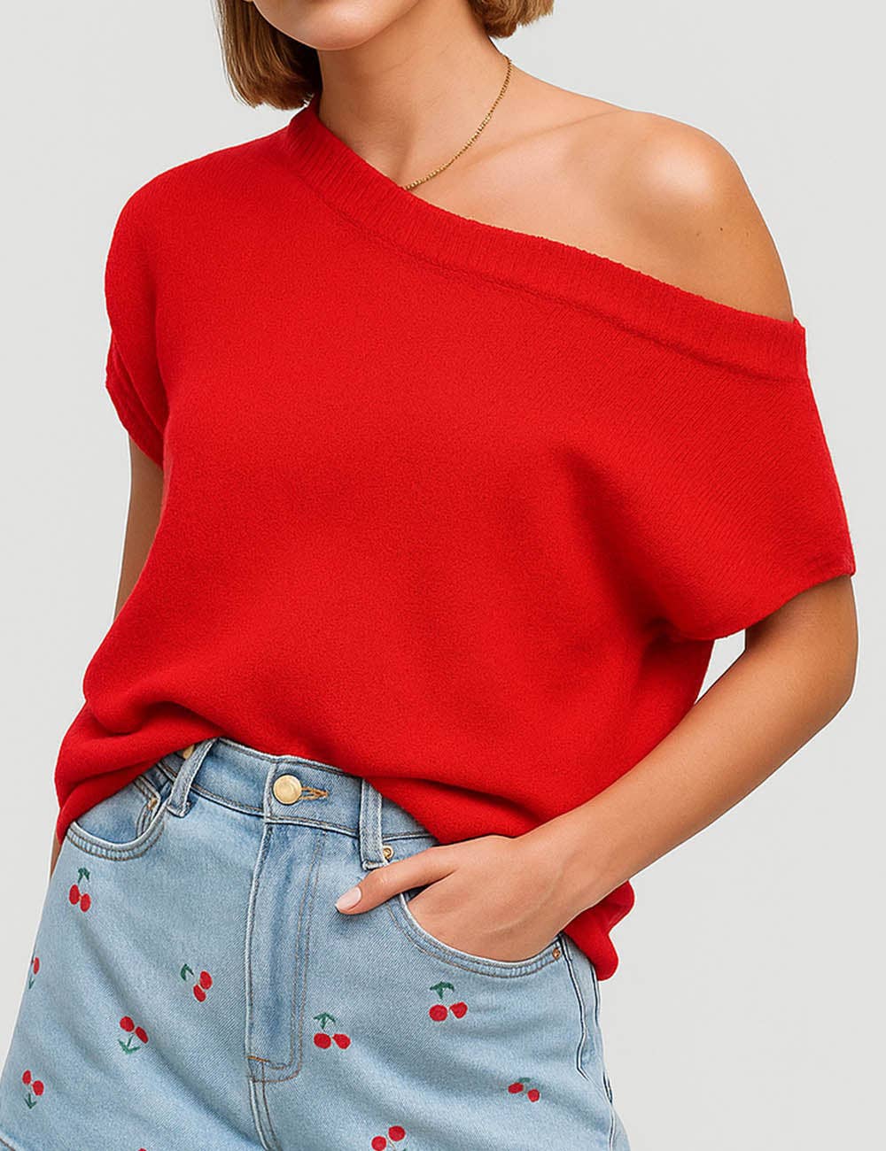 Red One Shoulder Short Sleeve Knit Top