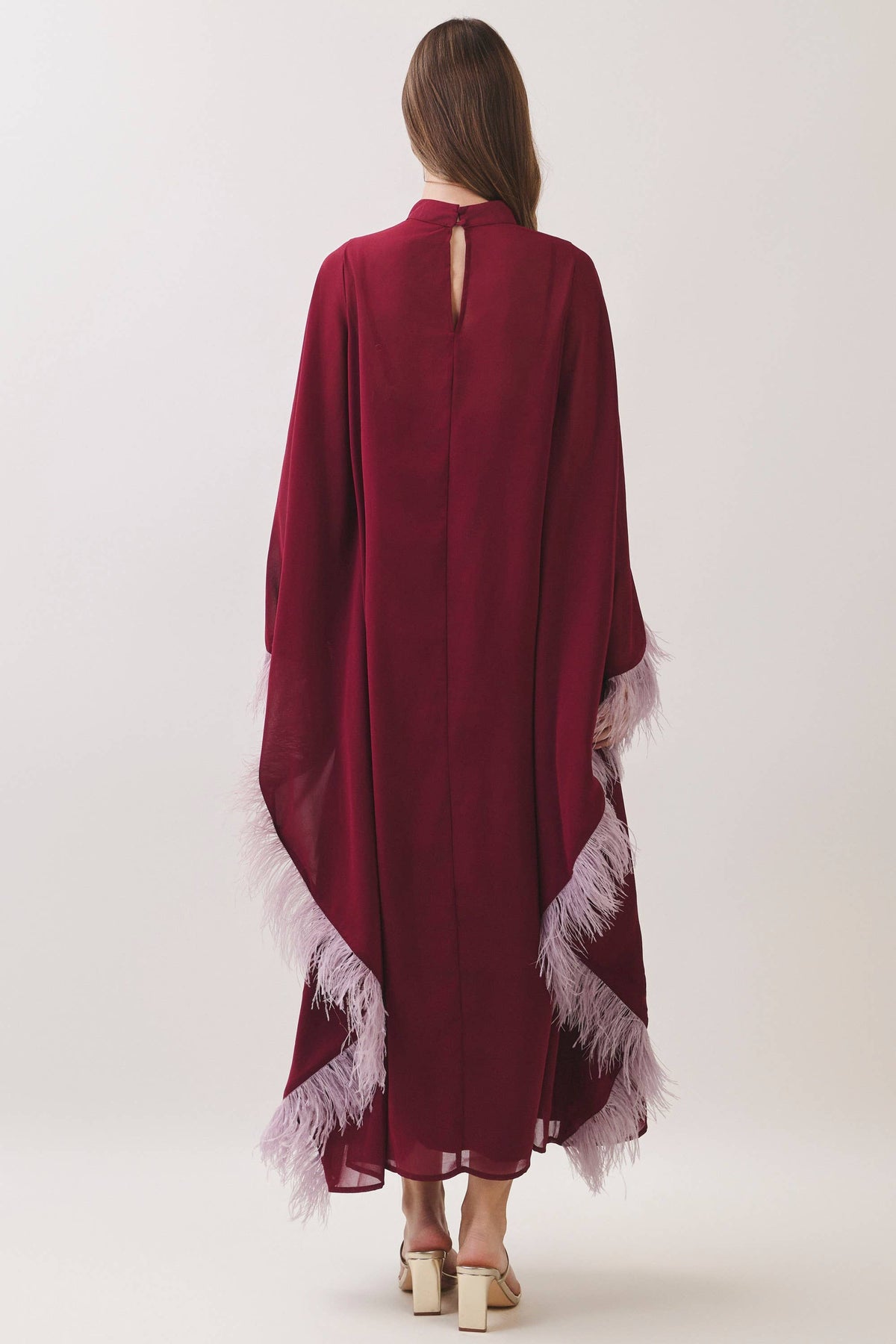 Burgundy Caftan with Feathers