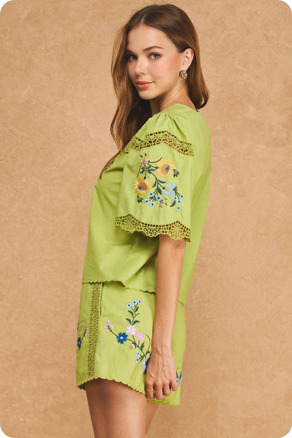 Chartreuse Embroidered Floral Set