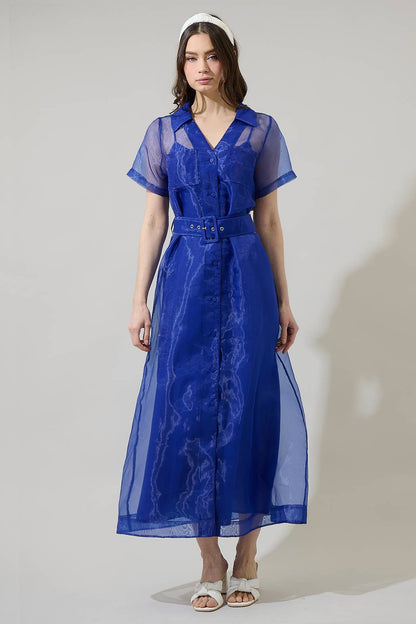 Navy Organza Button Down Maxi Dress