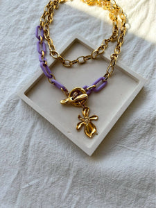 Gold Flower Necklace with Purple Chain
