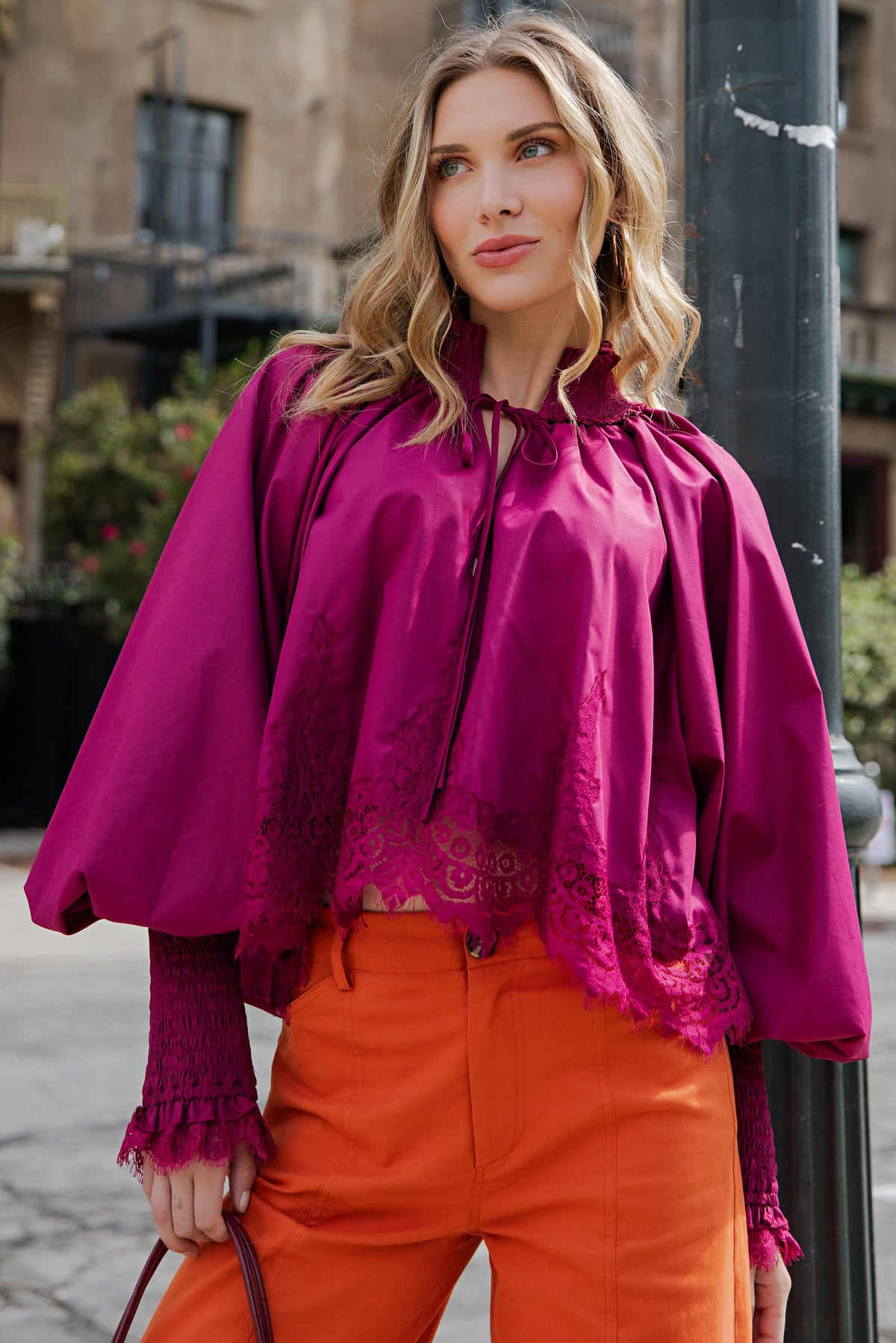 Plum Lace Puff-Sleeve Blouse