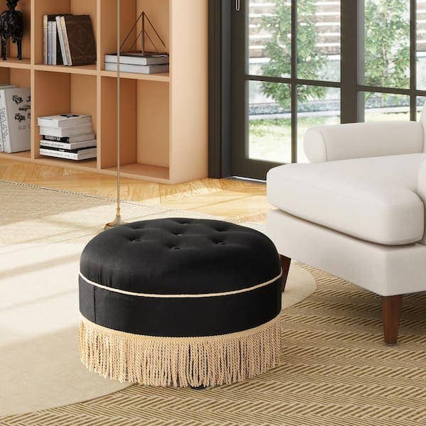 Yolanda 24" Round Upholstered Accent Ottoman: Alabaster Off White