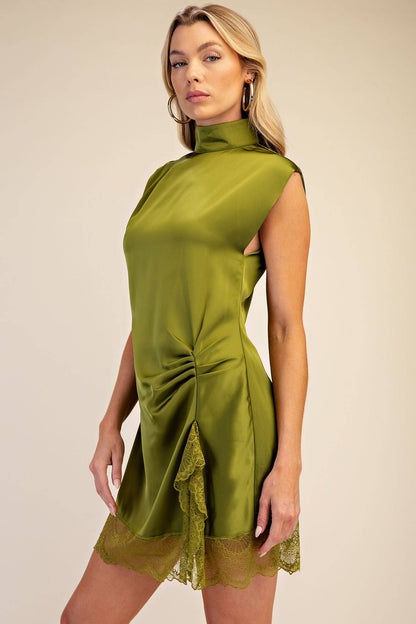 Olive High Neck Lace Mini Dress