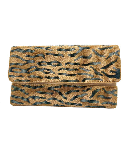ZEBRA ANIMAL PRINT GOLD HANDMADE BEADED CLUTCH WITH CHAIN ST