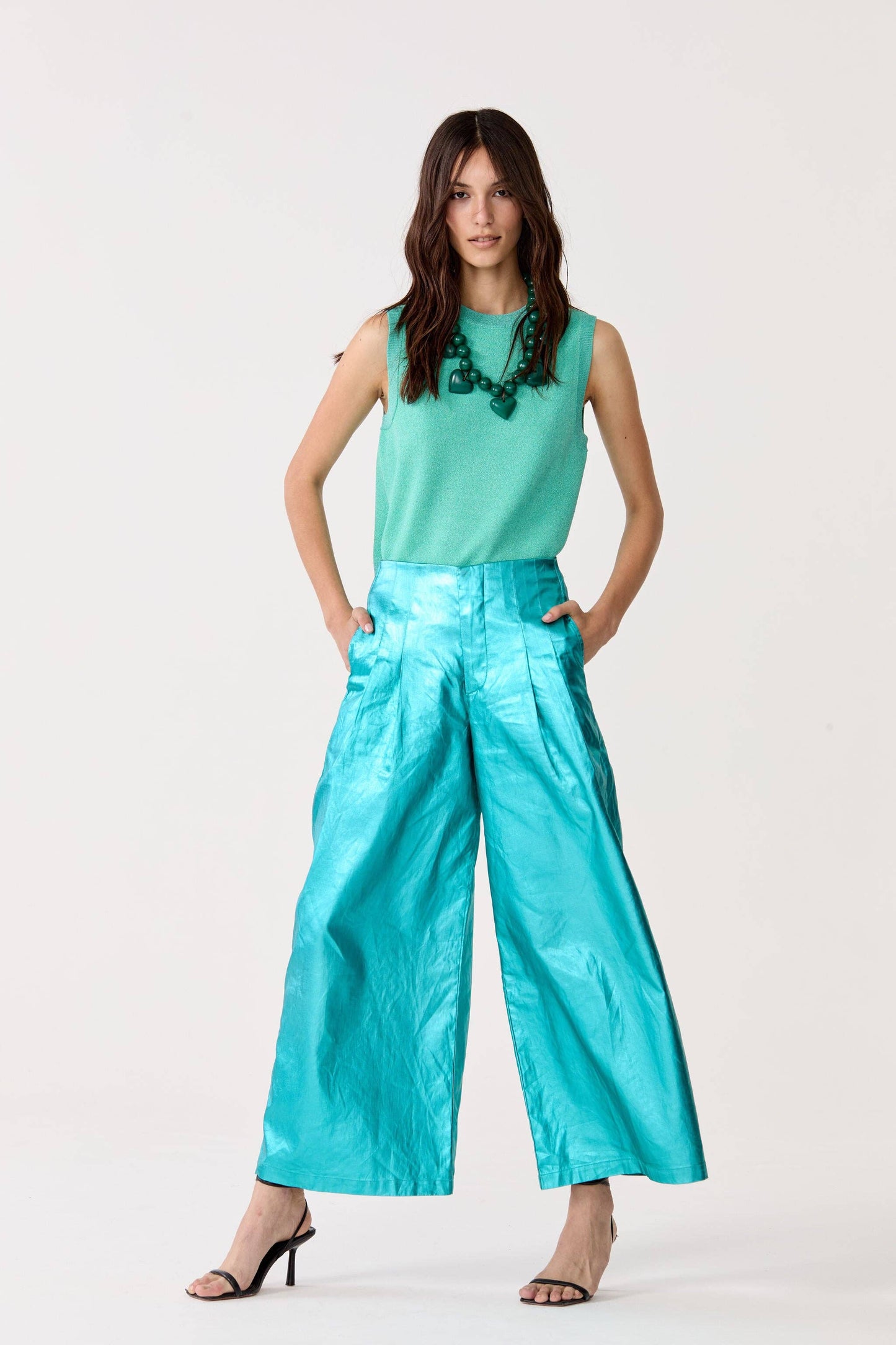 Turquoise Metallic Linen Pants