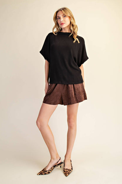 Mock Neck Short Sleeve Pullover Knit Top: Black / S
