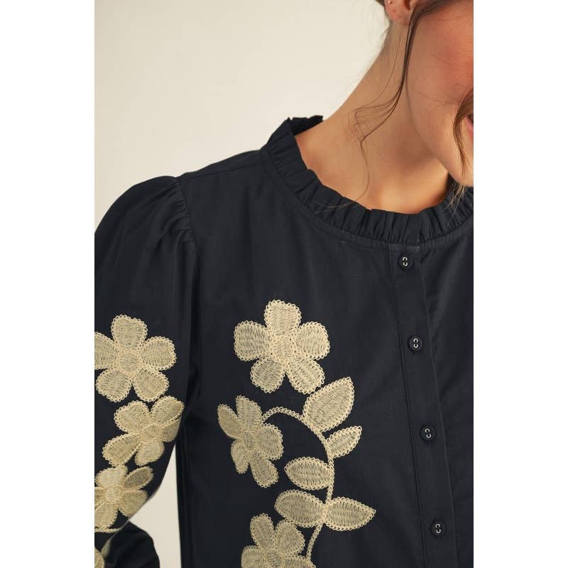 Black Top - Embroidered Flower