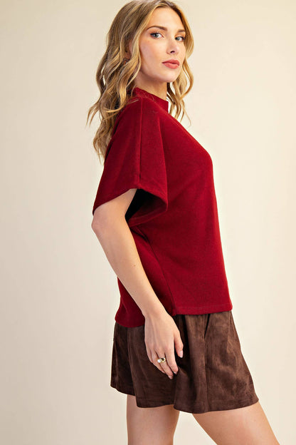 Mock Neck Short Sleeve Pullover Knit Top: Black / S