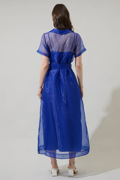 Navy Organza Button Down Maxi Dress