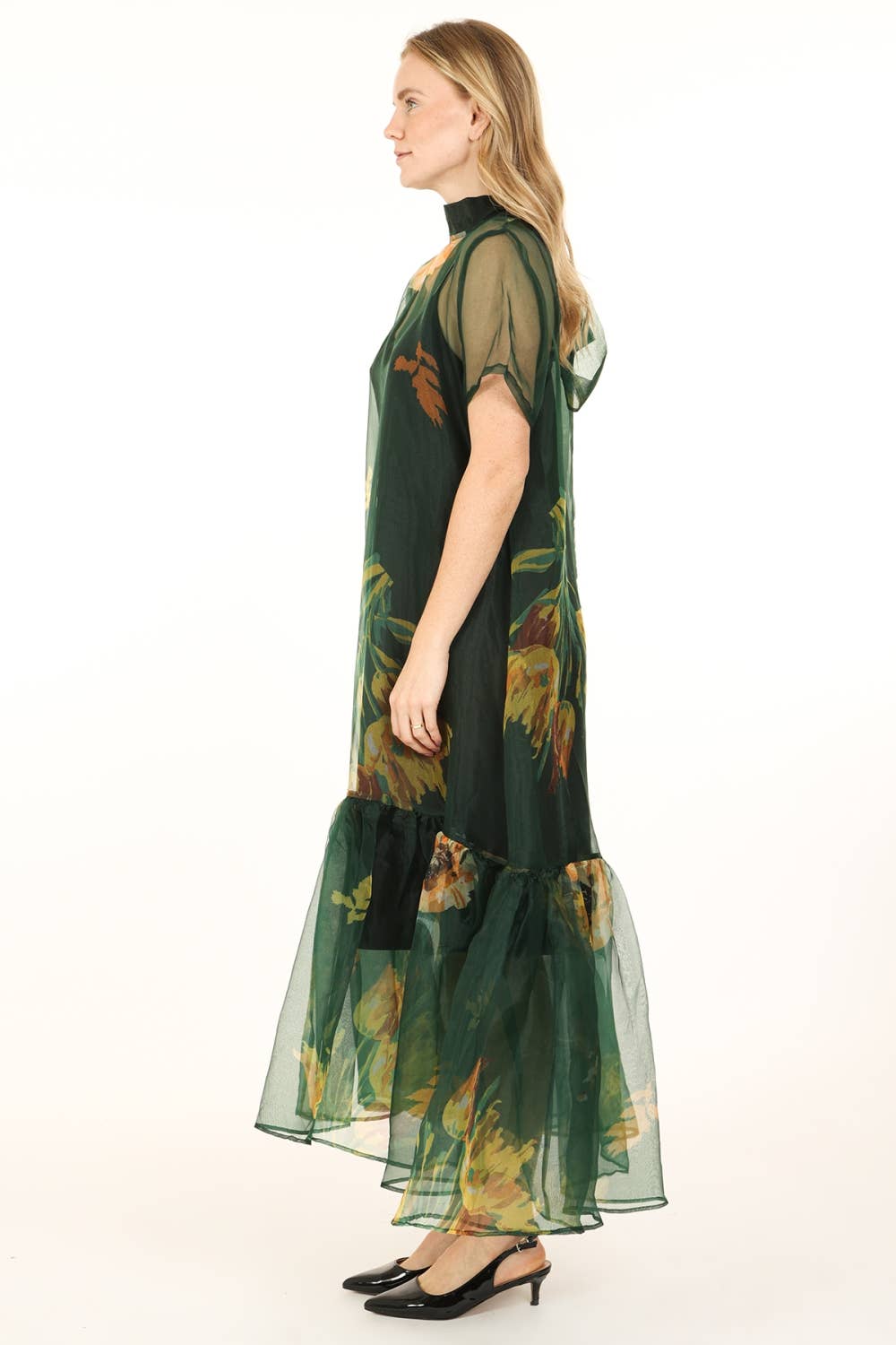 Green Floral Printed Sheer Maxi Dress