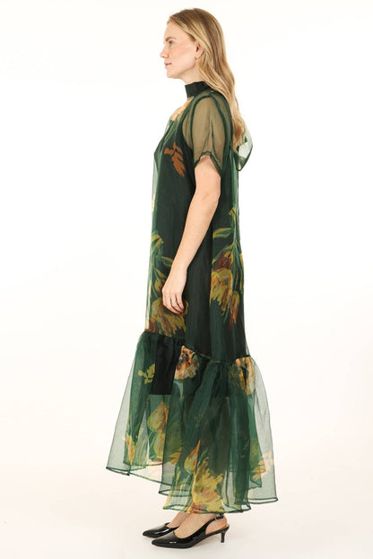 Green Floral Printed Sheer Maxi Dress