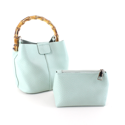 Bamboo Top Handle Crossbody Bag w/Cosmetic Pouch: 07 Green