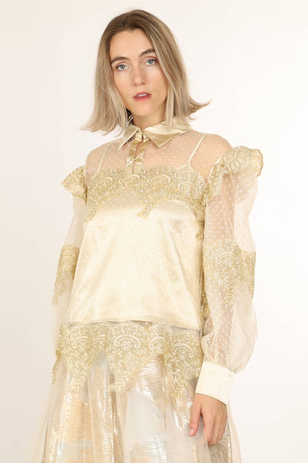 Gold Lace Trim  Chiffon Blouse