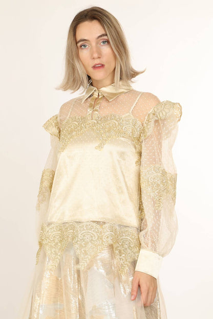 Gold Lace Trim  Chiffon Blouse
