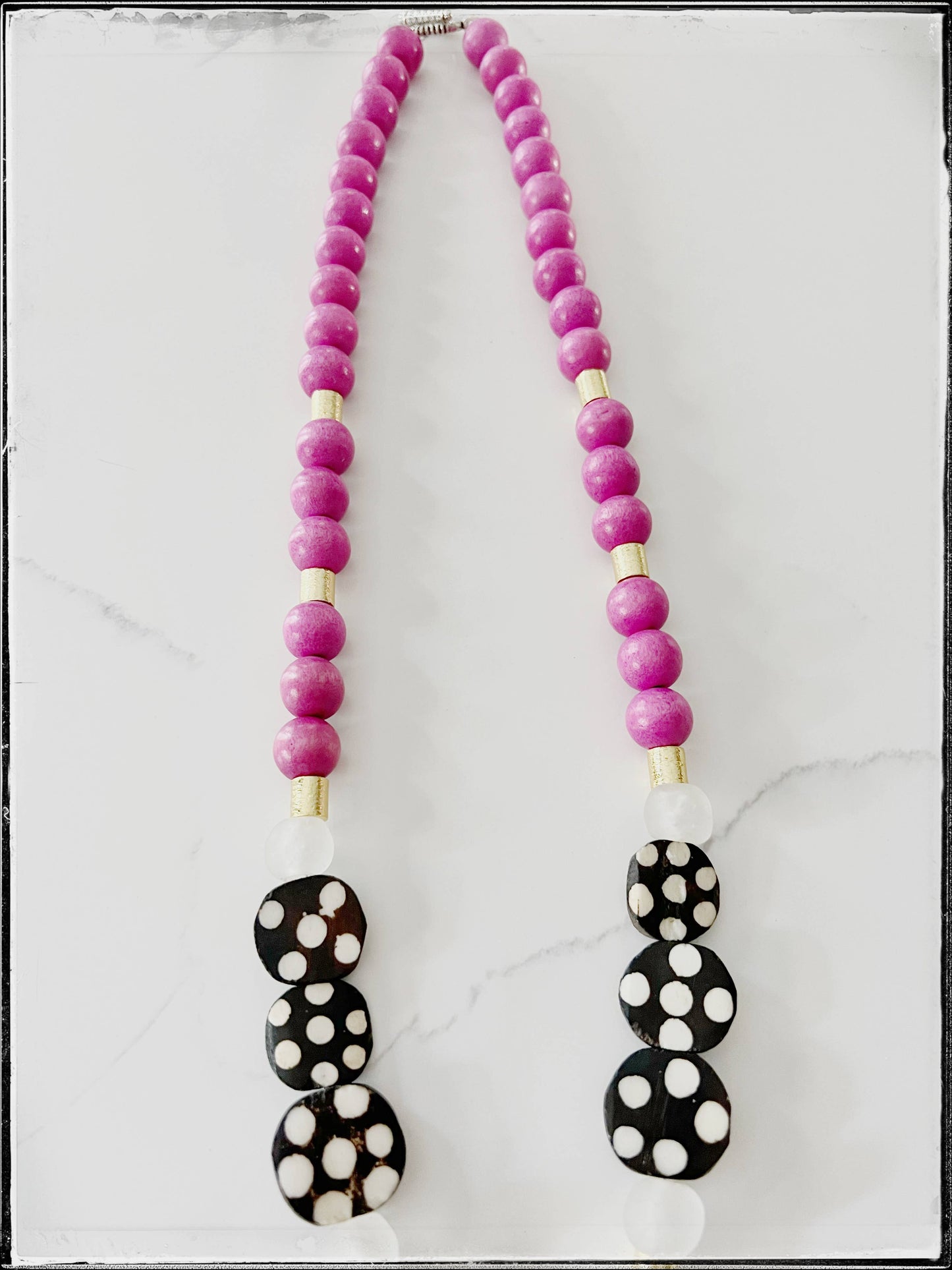 Hot Pink Wood & Bone Beaded Necklace