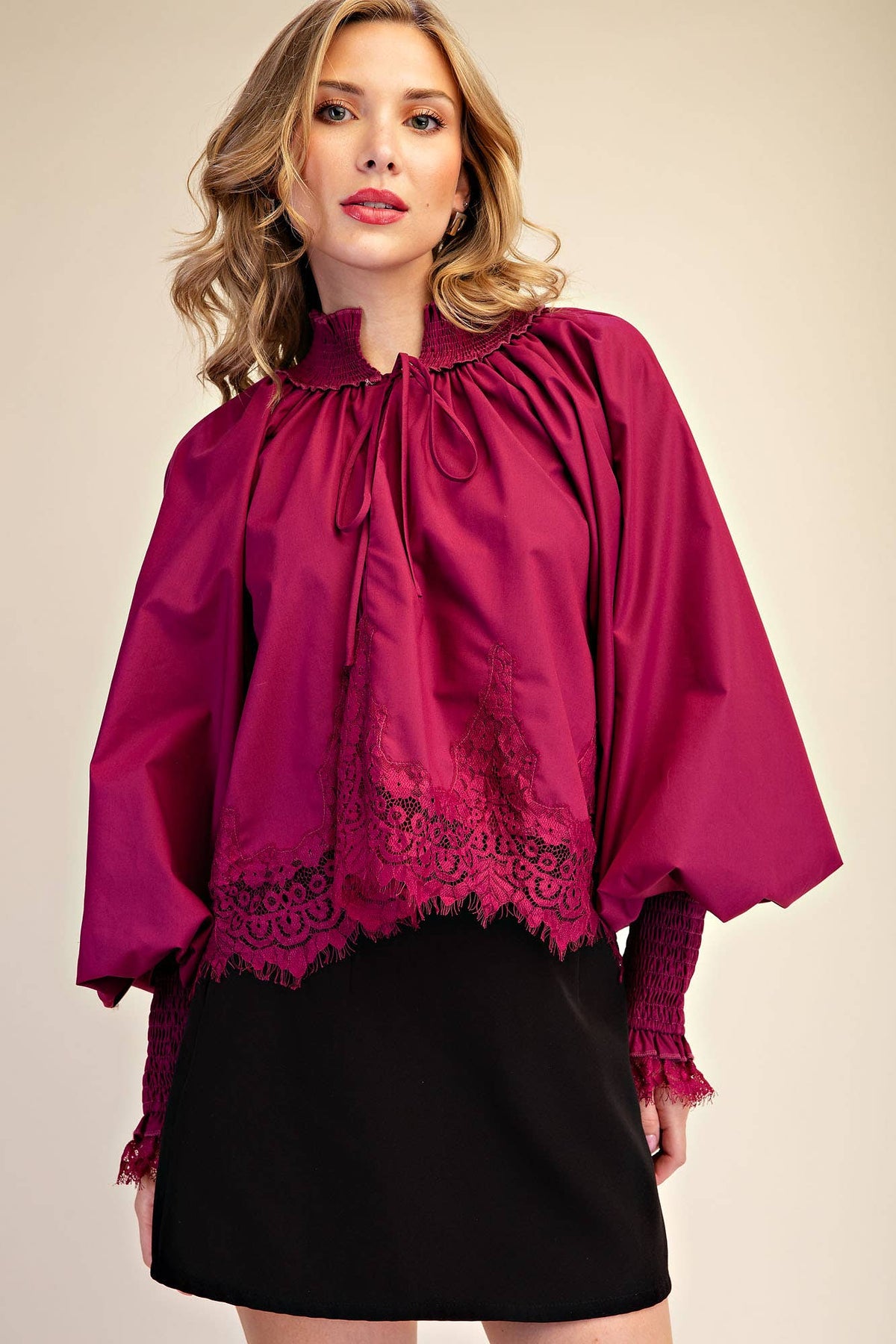 Plum Lace Puff-Sleeve Blouse