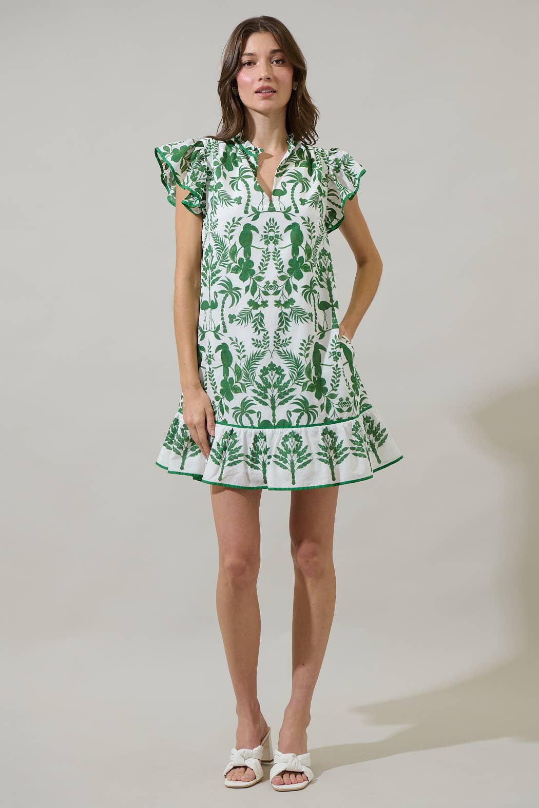 Green & White Mini Shift Dress