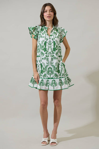 Green & White Mini Shift Dress