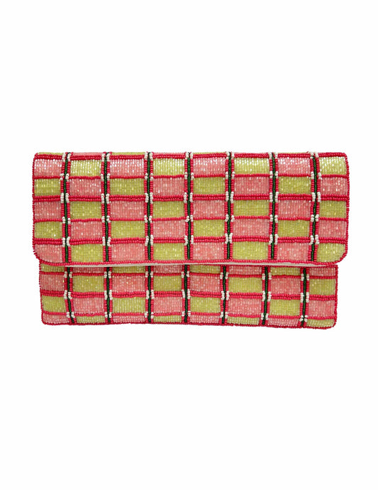 PINK & GREEN BEADED CLUTCH