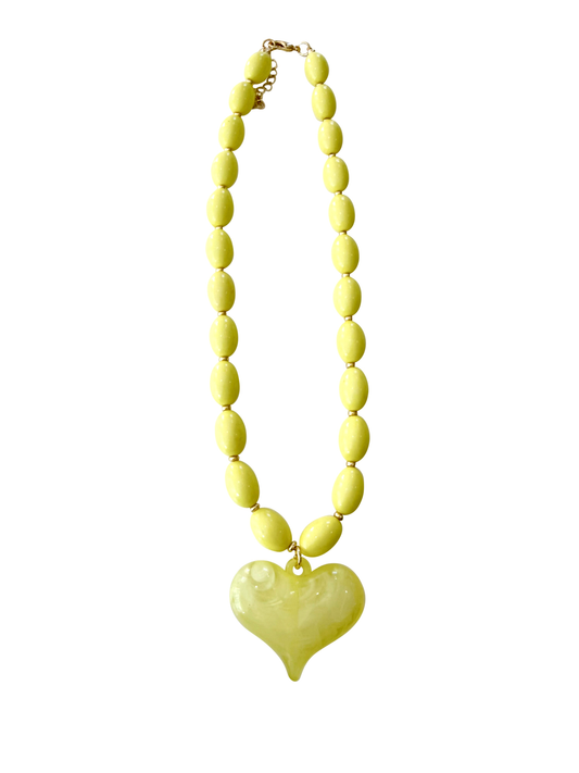 Yellow Beaded Necklace with Heart Charm