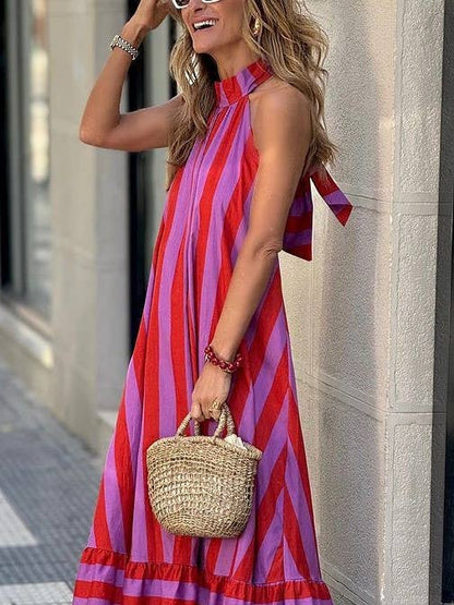 Pink & Red Striped Halter Dress